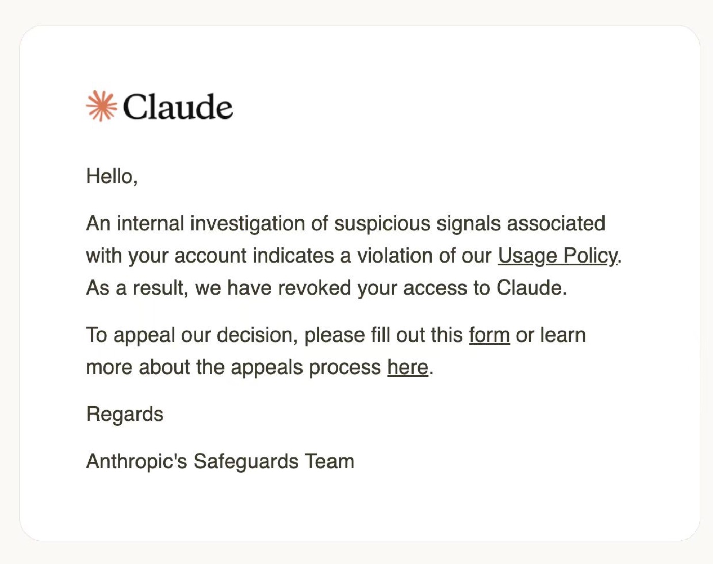 Screenshot of the initial Claude access-revocation notice sent to the founder's family