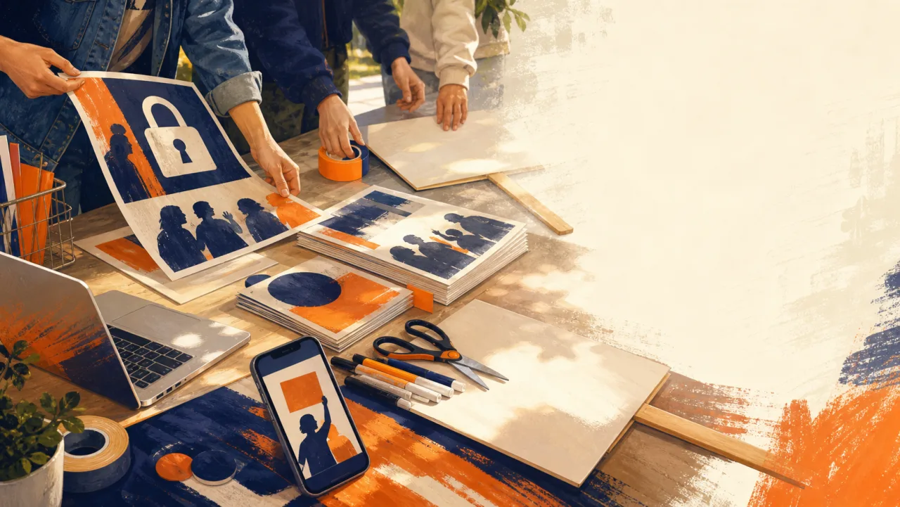 Painted advocacy table with printed posters, flyers, markers, and campaign materials