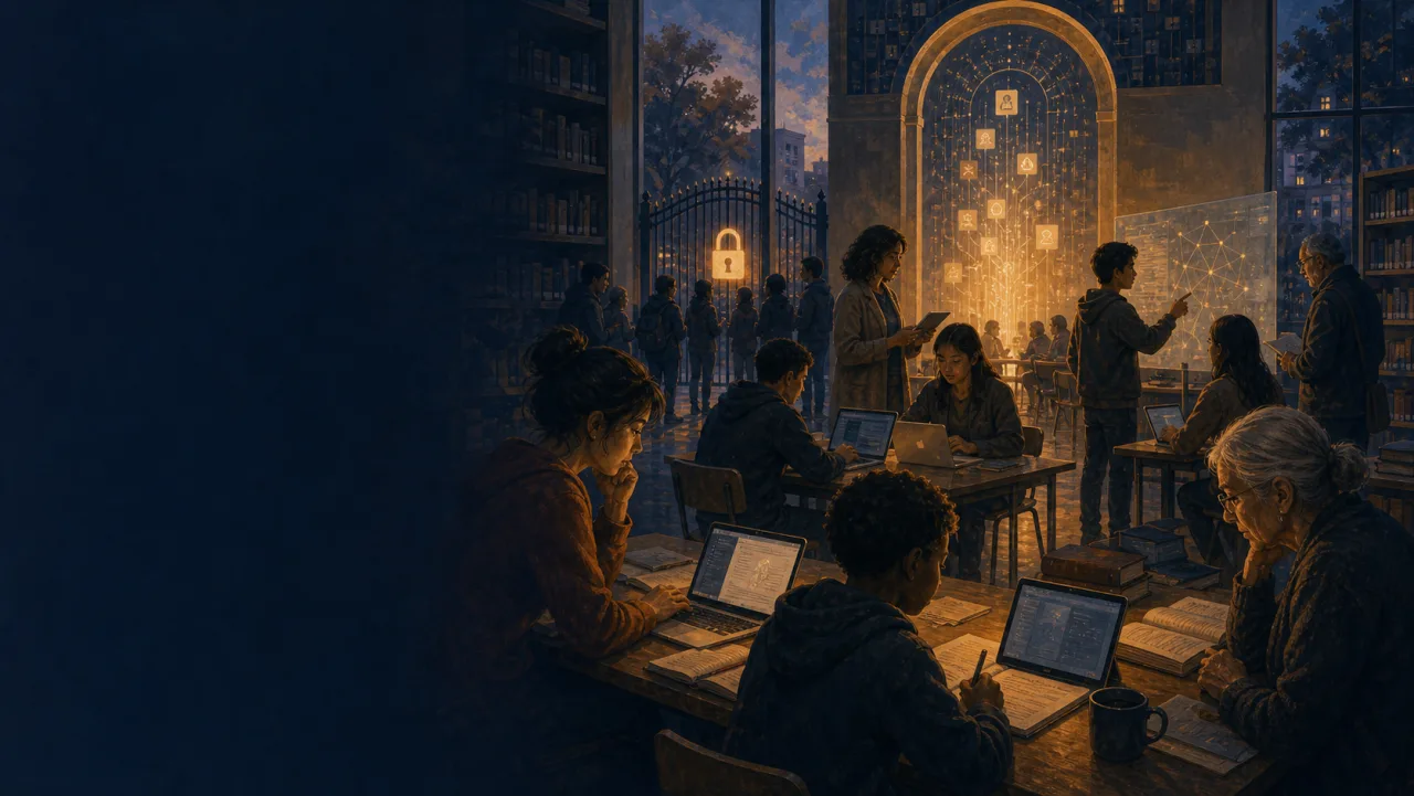 Painted library and classroom scene showing people using AI-like tools for learning and public access