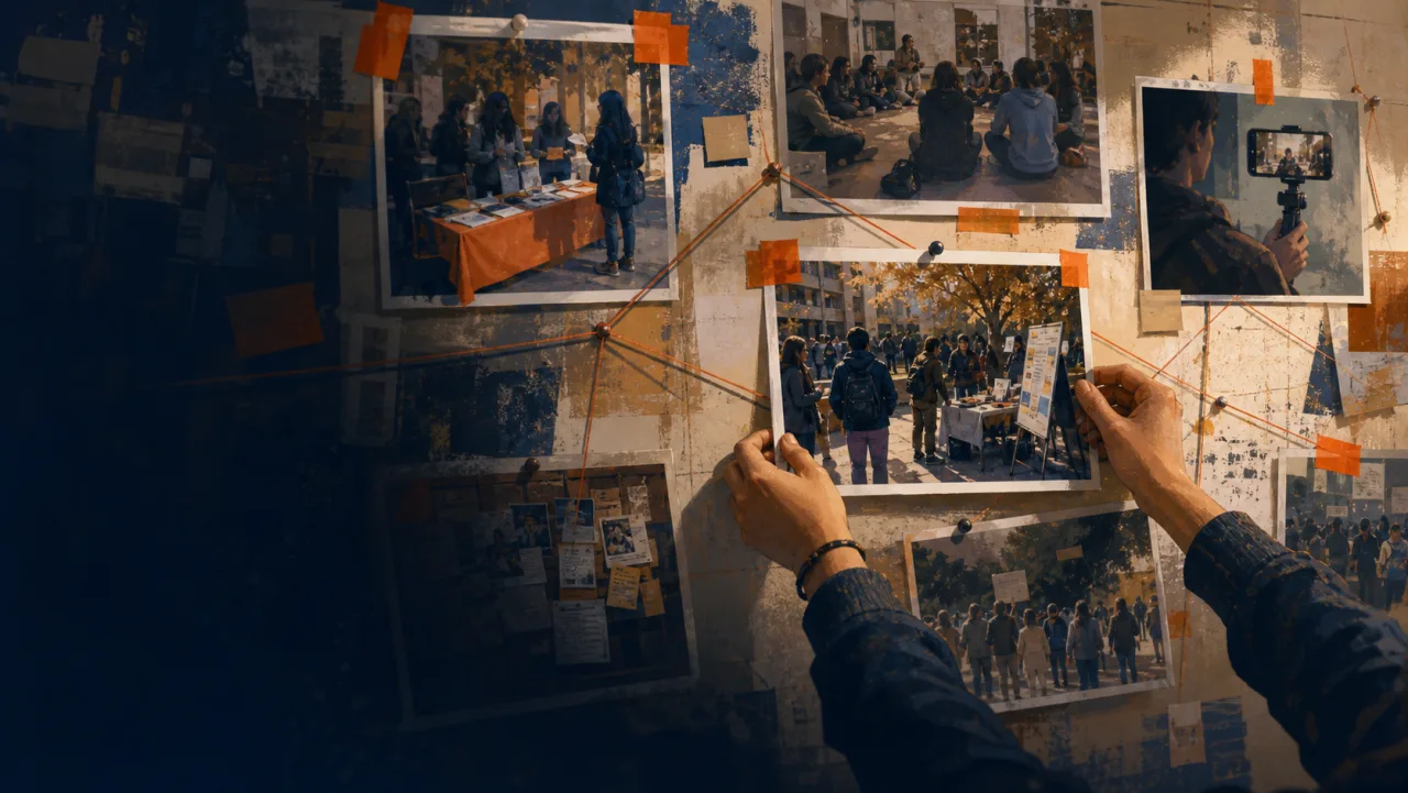 Painted documentary wall of photos from campus tables, teach-ins, and advocacy actions